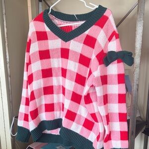 BiBi Pink and Red Checkered V-Neck Sweater with Green Trim